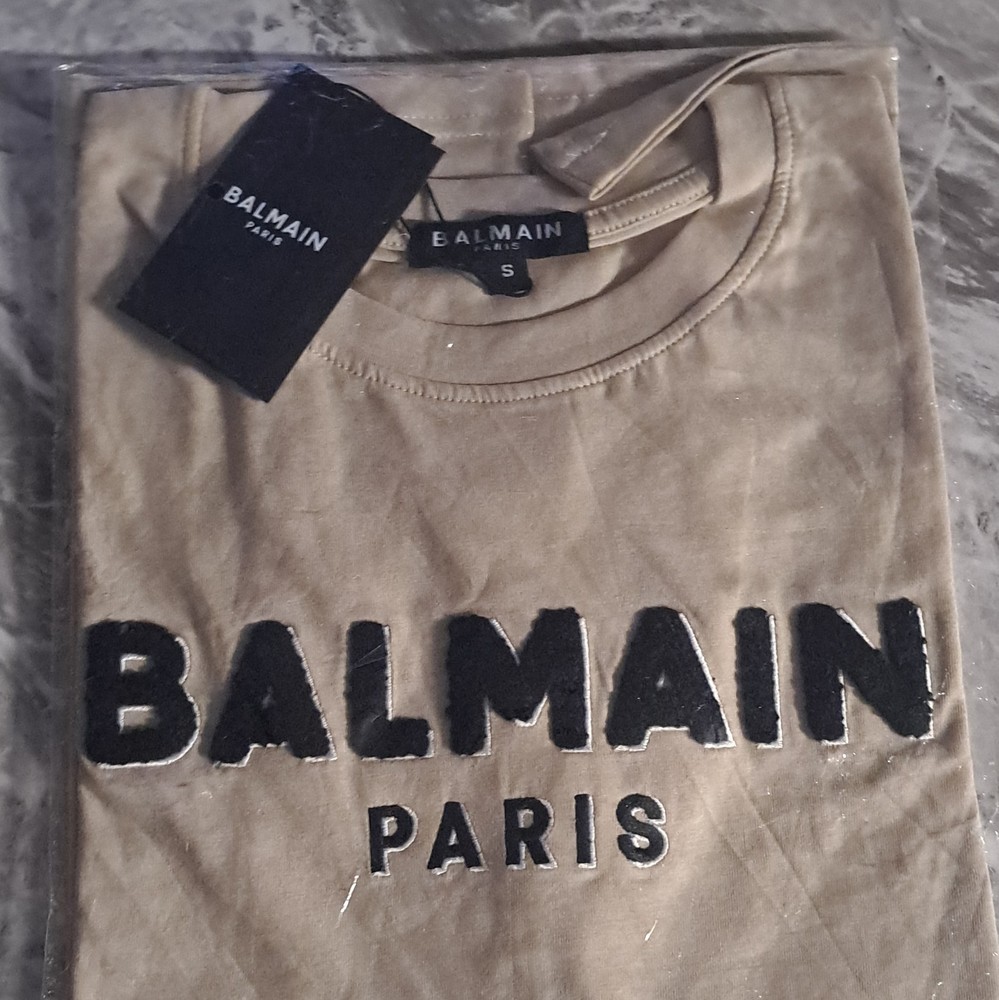 Balmain Paris Men’s Beige Logo Crew Neck Cotton Jersey T-Shirt, Size S