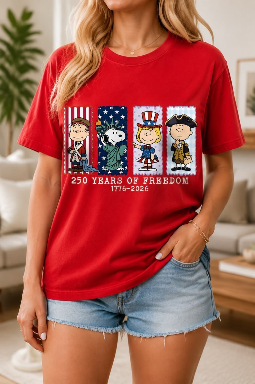 Snoopy Stamp T-Shirt Statue Of Liberty Peanuts 1776-2026 250 Years Freedom Red gallery