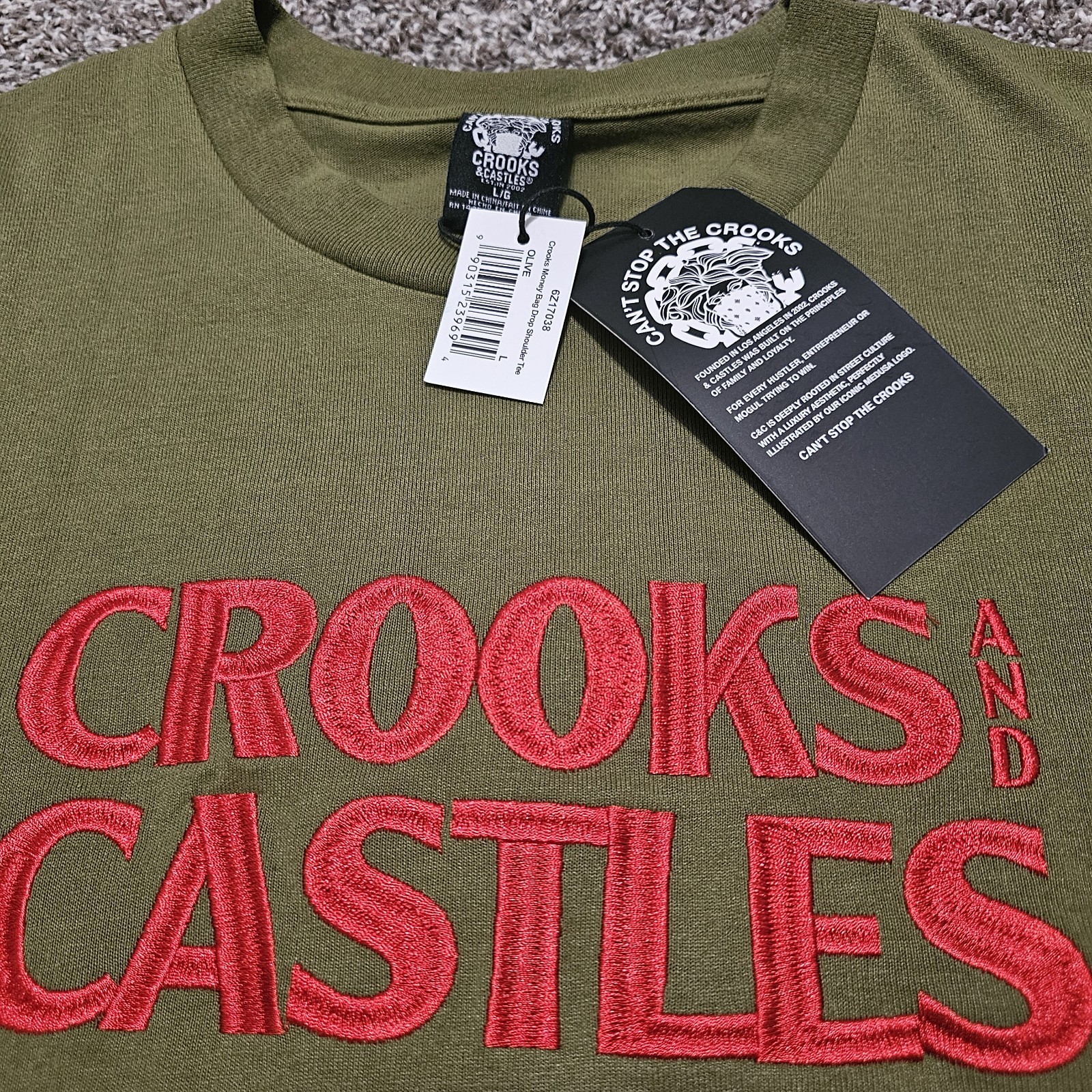 Crooks & Castles Mens L Moneybag Drop Shoulder Tee ShortSleeve T-Shirt Olive NWT gallery