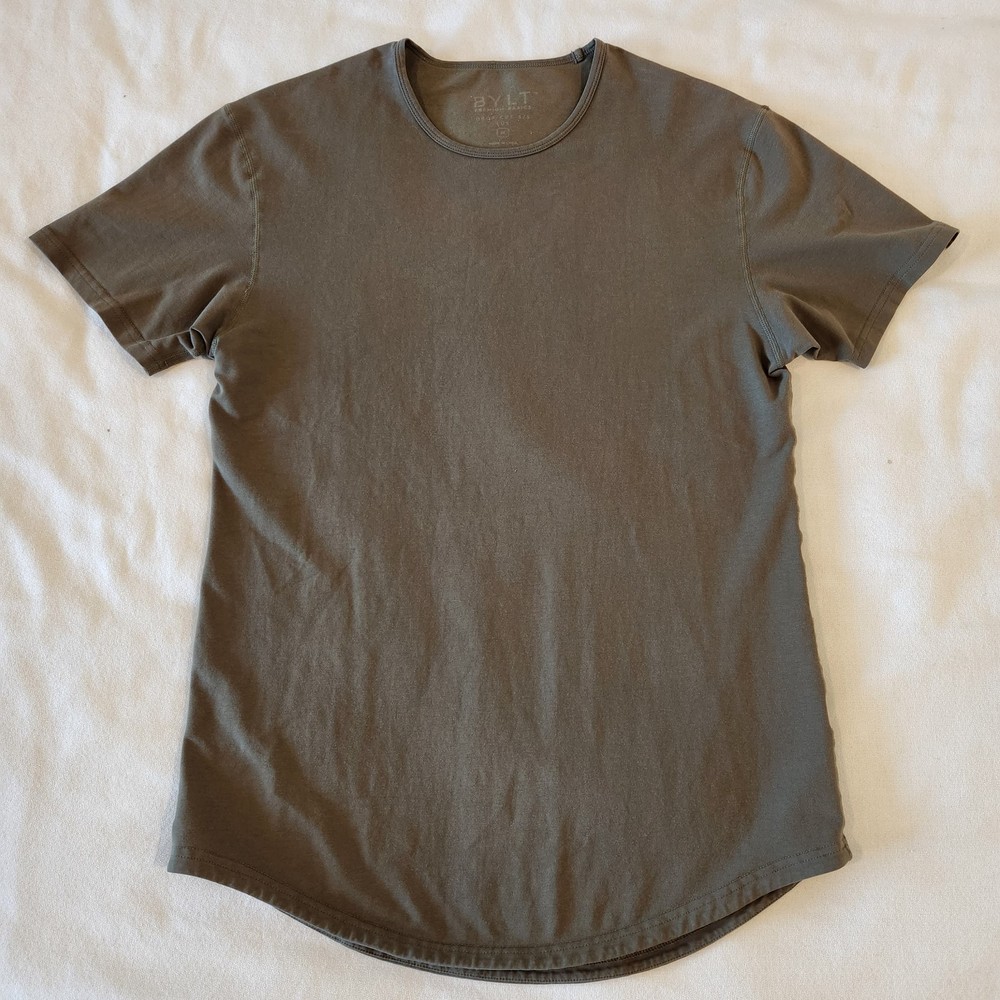 BYLT Drop-Cut Lux Stretch Shirt Men’s Med Olive Green Curved Hem Premium Basics