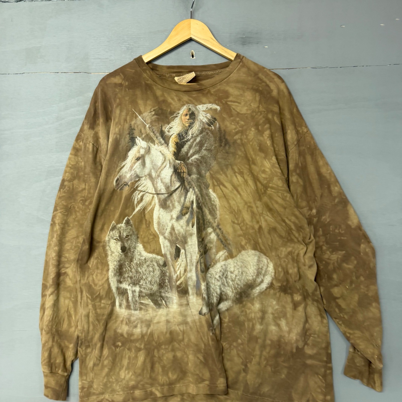 The Mountain Mens XL Brown Tie Dye Native American Warrior Wolf Long Sleeve S gallery