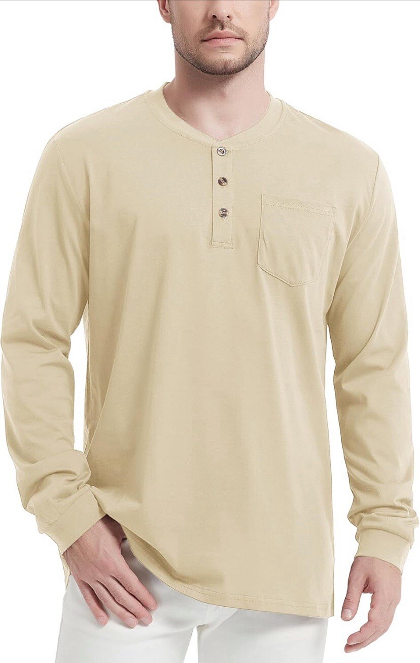 MAGCOMSEN Mens Henley Long Sleeve Shirts Cotton Pocket Light Apricot Size L gallery