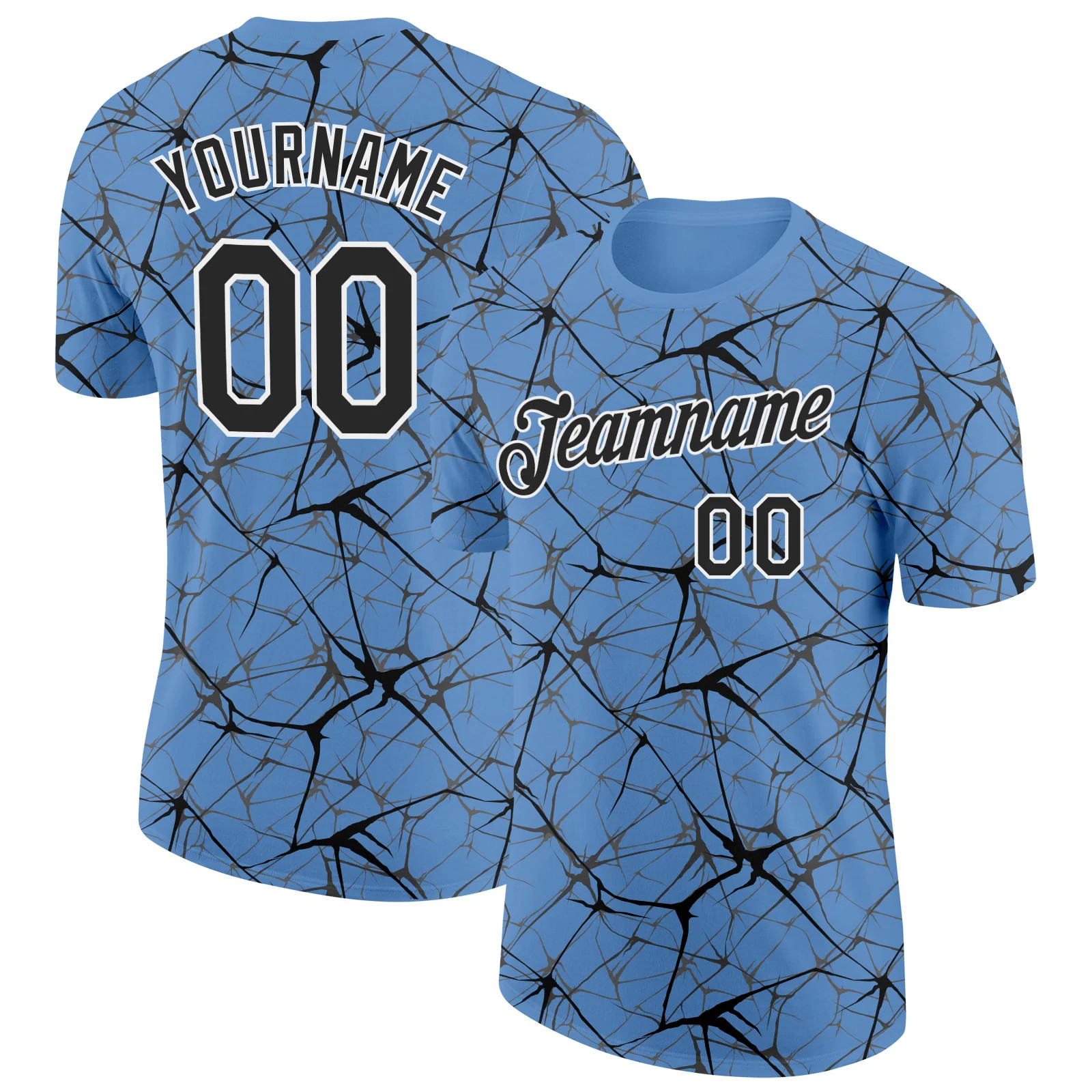 Custom Light Blue Black Abstract Crackle Sports Tee Personalized Jersey