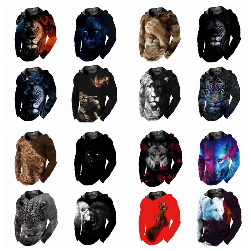 Men T Shirts Hoodies Lion Tiger Fashion Graphic Print Long Sleeve Silky Casual