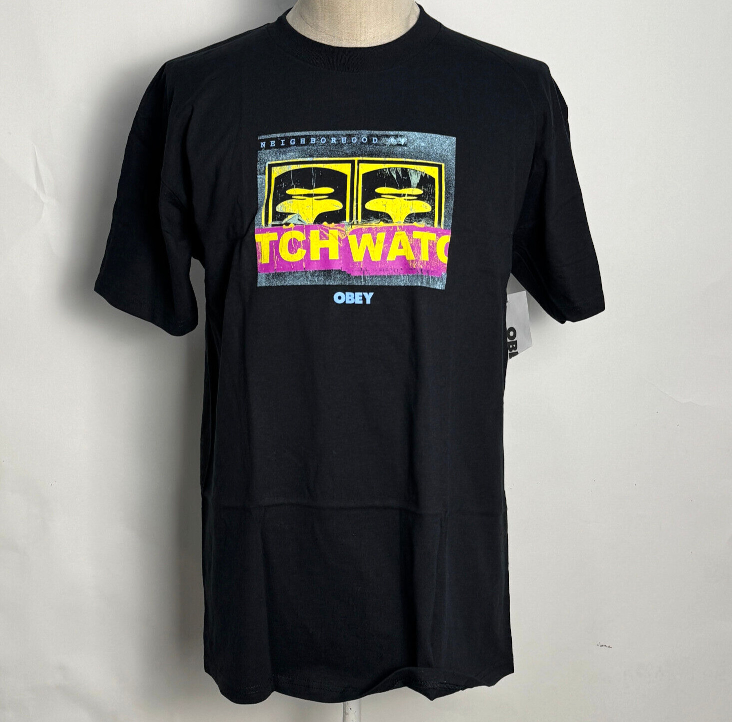 Obey Men’s T-Shirt Neighborhood Watch Black Size L NWT Shepard Fairey Andre