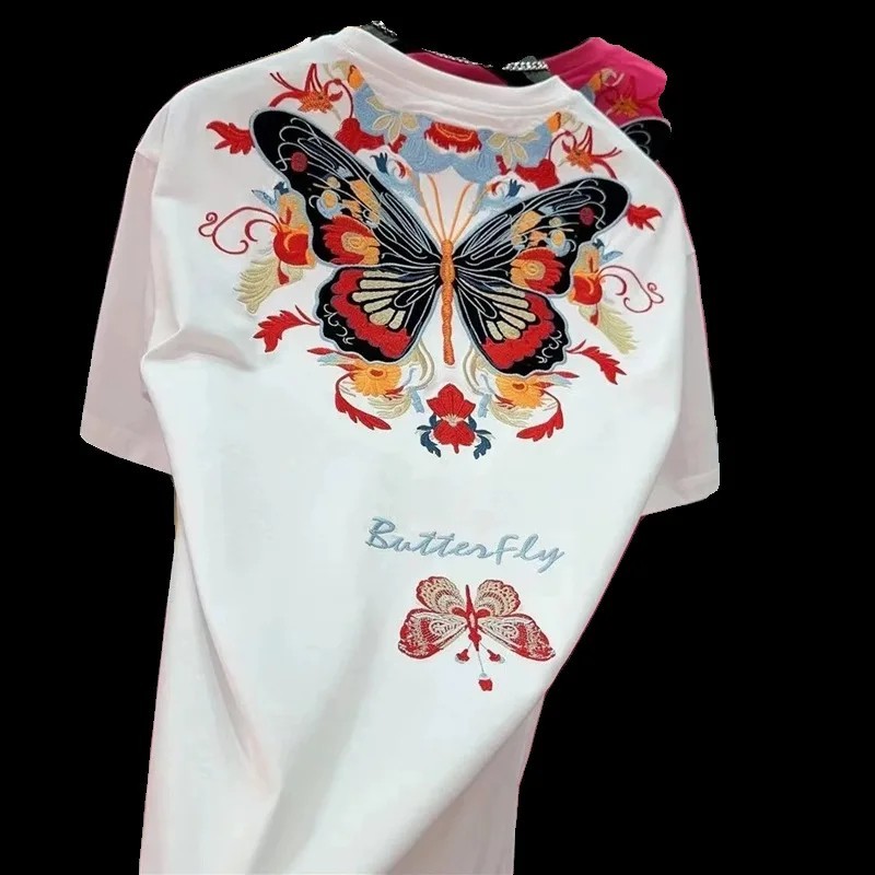 Luxury Butterfly Embroidery Cotton T-Shirt Heavy Texture Loose Fit Casual Tee gallery