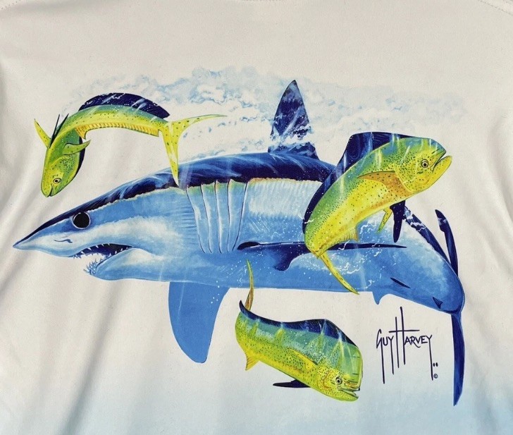 VINTAGE Guy Harvey Compression Shirt Size XXL Shark All Over Print Long Sleeve gallery