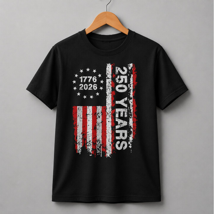 US 250 Years Semiquincentennial T-Shirt 1776 2026 American Flag Black Cotton Tee gallery