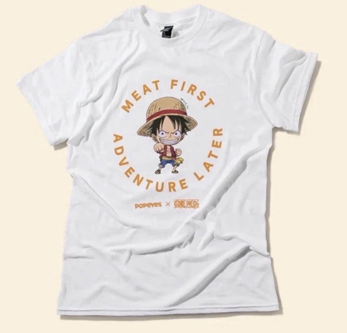 Popeyes x One Piece Luffy T-Shirt Medium Anime Graphic Tee White Rare Collab