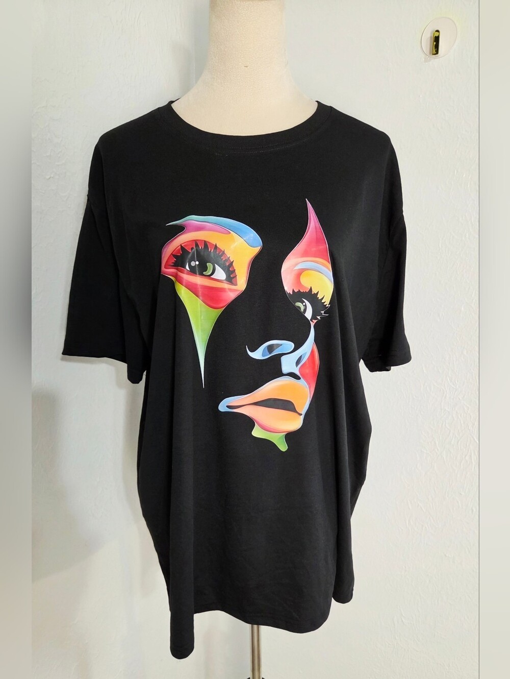 Black Graphic Tee with Colorful Abstract Face, Size XL, NWOT gallery