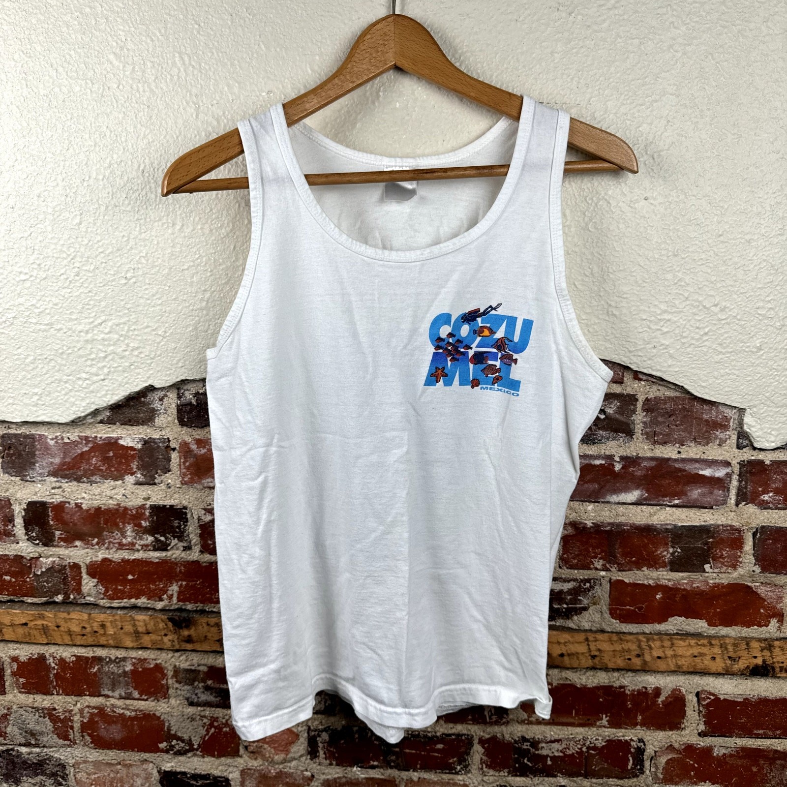 Vintage Cozumel Shirt Size Small White Tank Top Mexico Vacation Scuba Fish Ocean