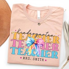 Personalized Kindergarten Teacher Shirt Custom Name Bow Back to School Gift Tee