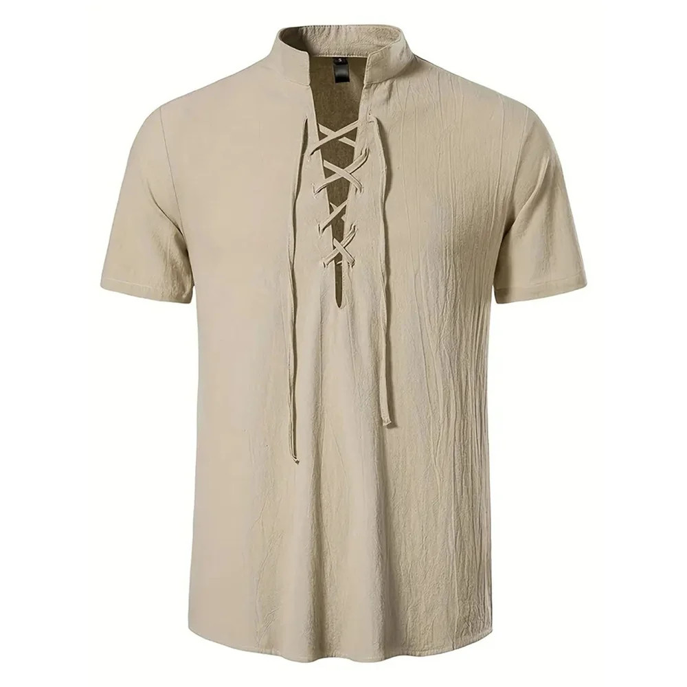 Men's Retro Cotton Linen Shirt Stylish Pirate V-neck S-XXL Trendy Comfy Gift Tee gallery