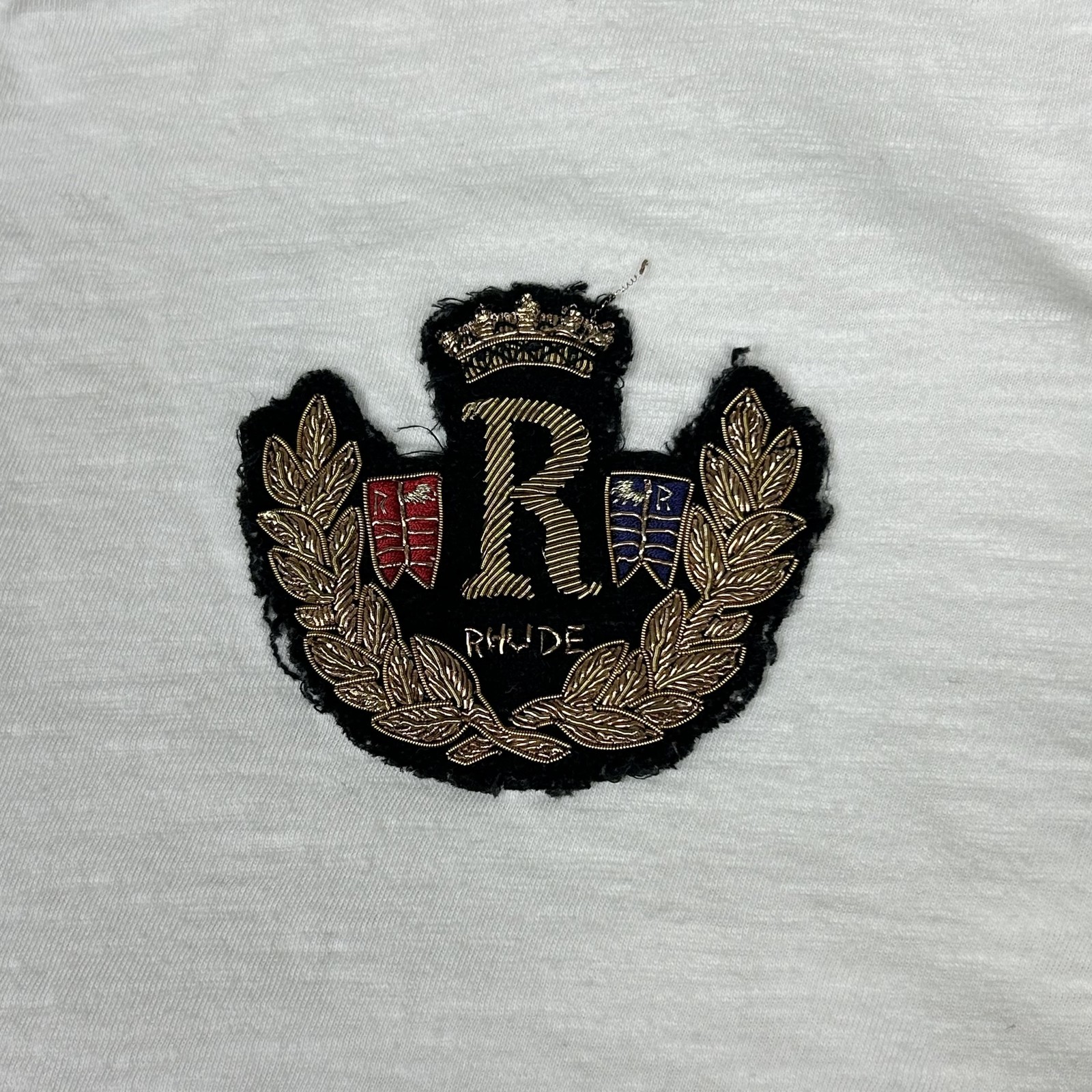 RHUDE Shirt Mens Large White Crest Patch Embroidered Slub Cotton Tee Streetwear gallery