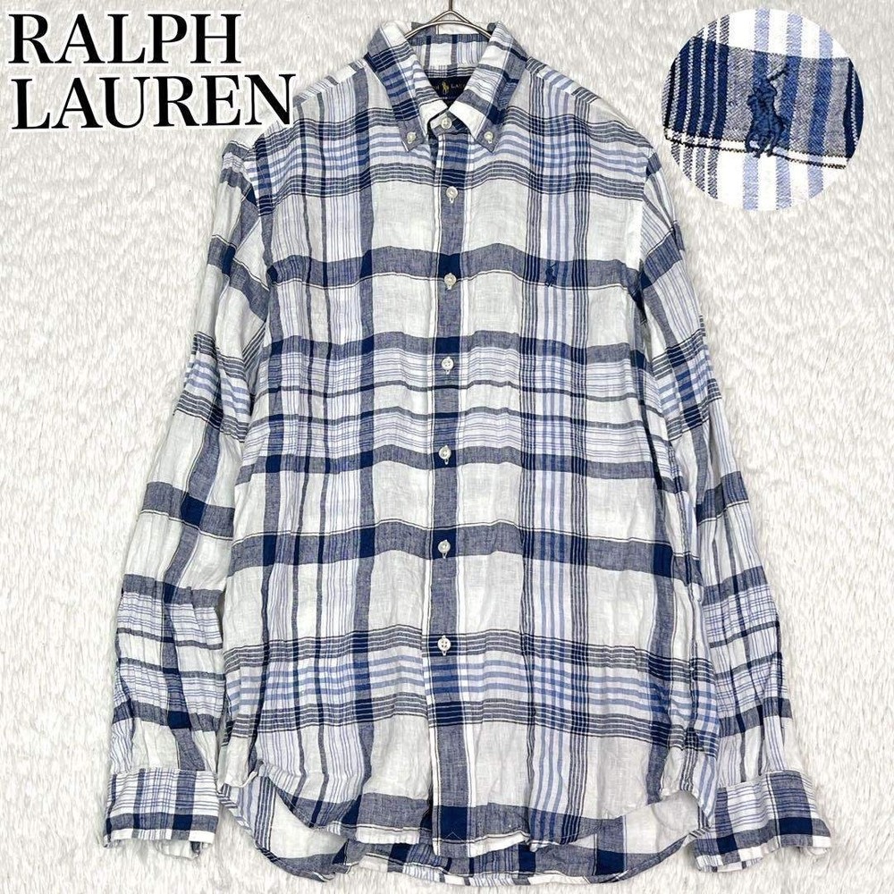 Ralph Lauren Linen Madras Check Long Sleeve Shirt with Pony Embroidery Blue/Whi