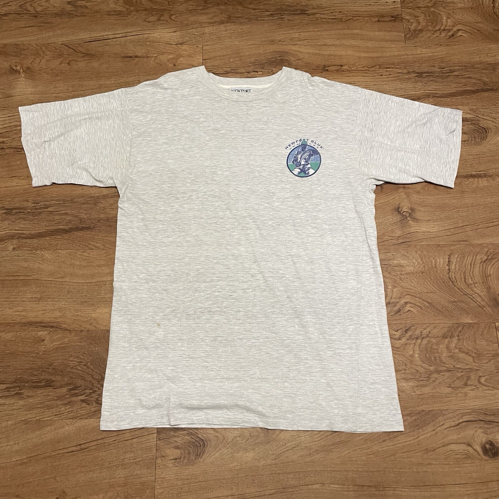 Vintage Newport Blue Angler Gray Tshirt 90s Fisherman Fishing Mens Size Measured