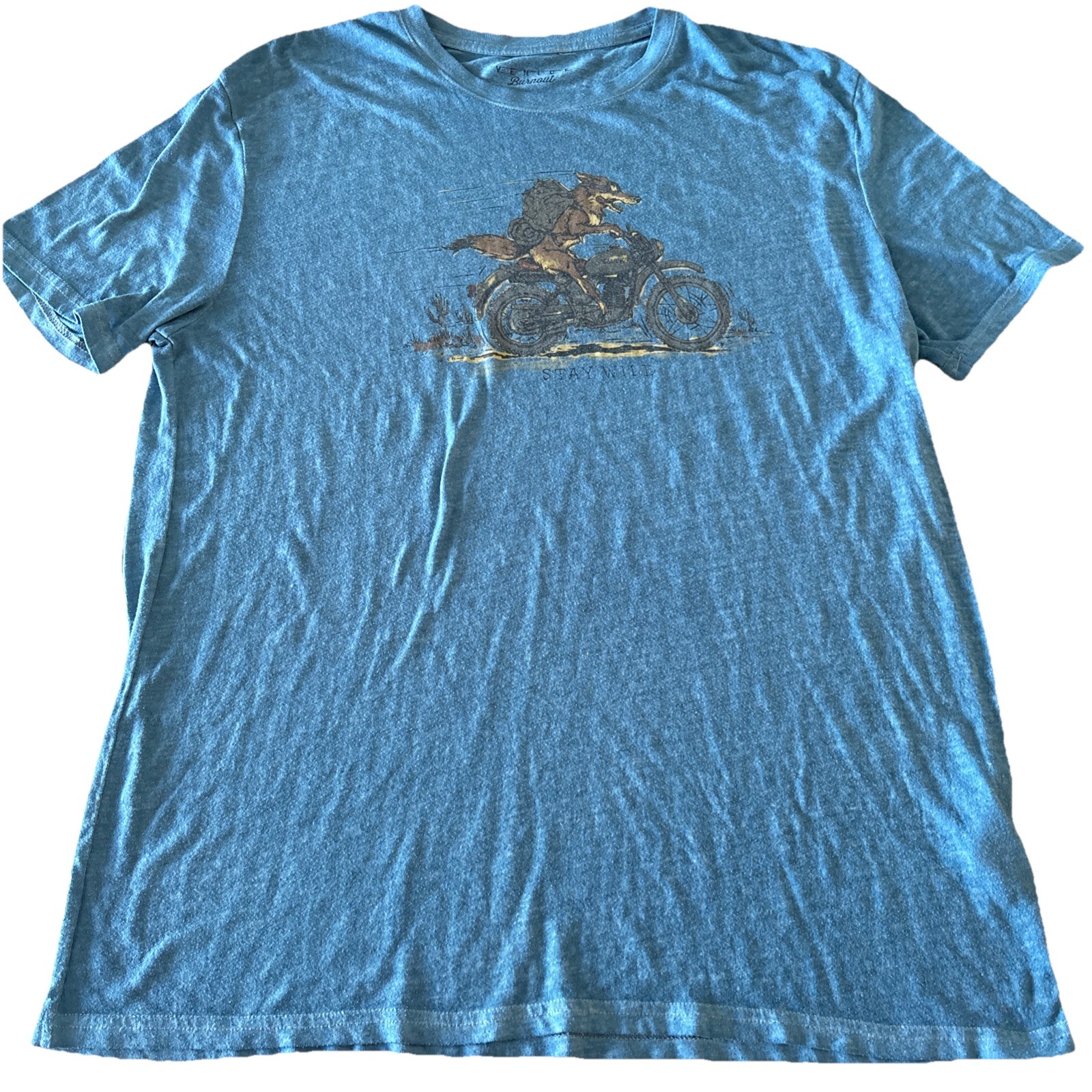 Lucky Brand Venice Burnout Graphic T Shirt XL Blue Lightweight Stay Wild Fox