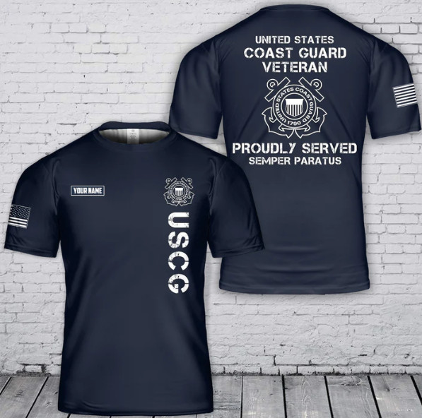 Custom Name US Coast Guard (USCG) Veteran Proudly Served 3D T-Shirt