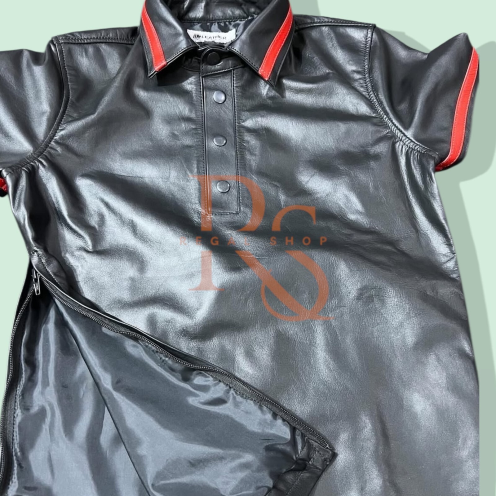 Men's Leather T-Shirt Black Leather Shirt Red Lines Style Real Lambskin Leather gallery