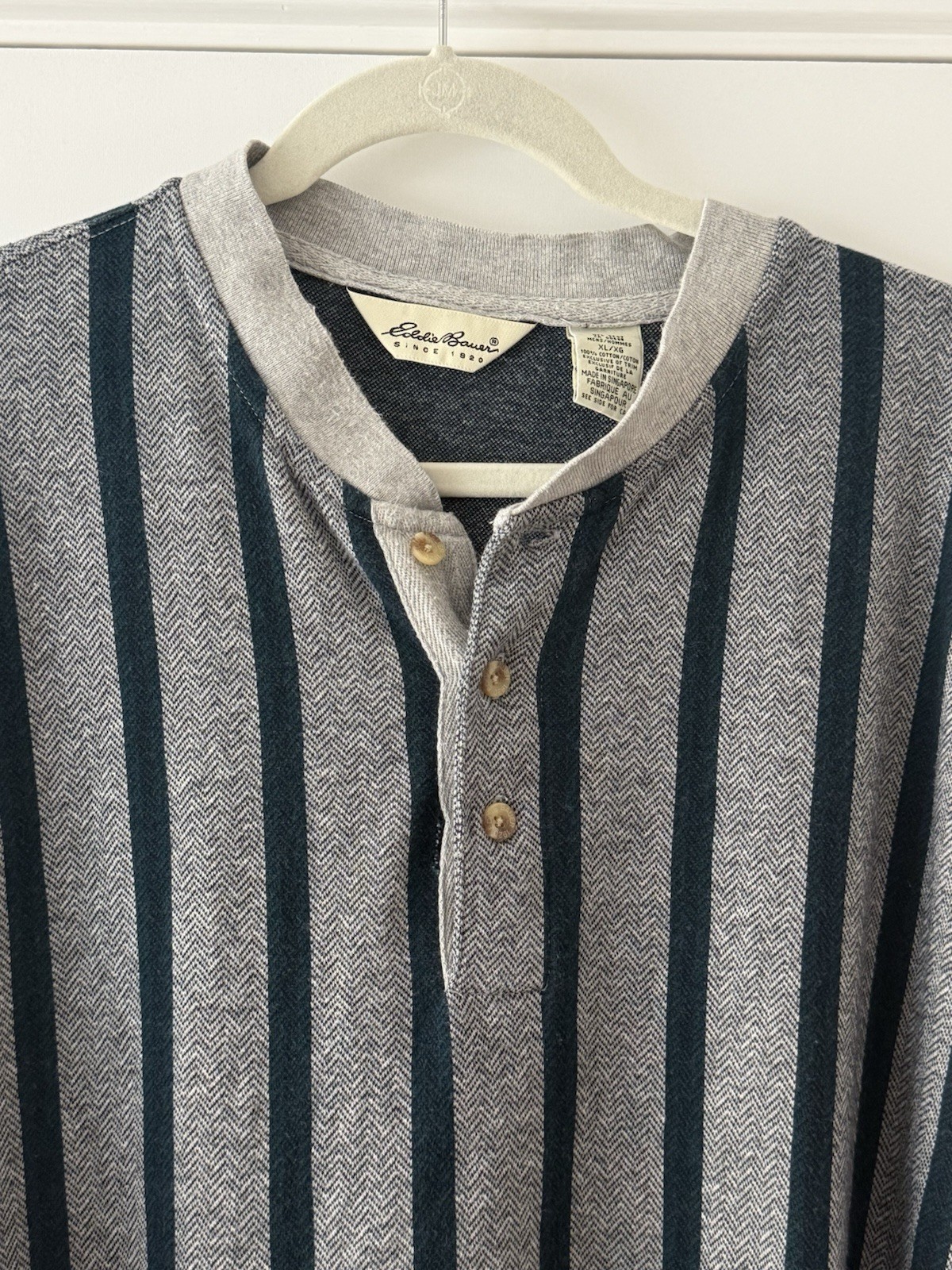 90's Eddie Bauer Herringbone Henley Long Sleeve (XL) Gray Striped Shirt Vintage gallery