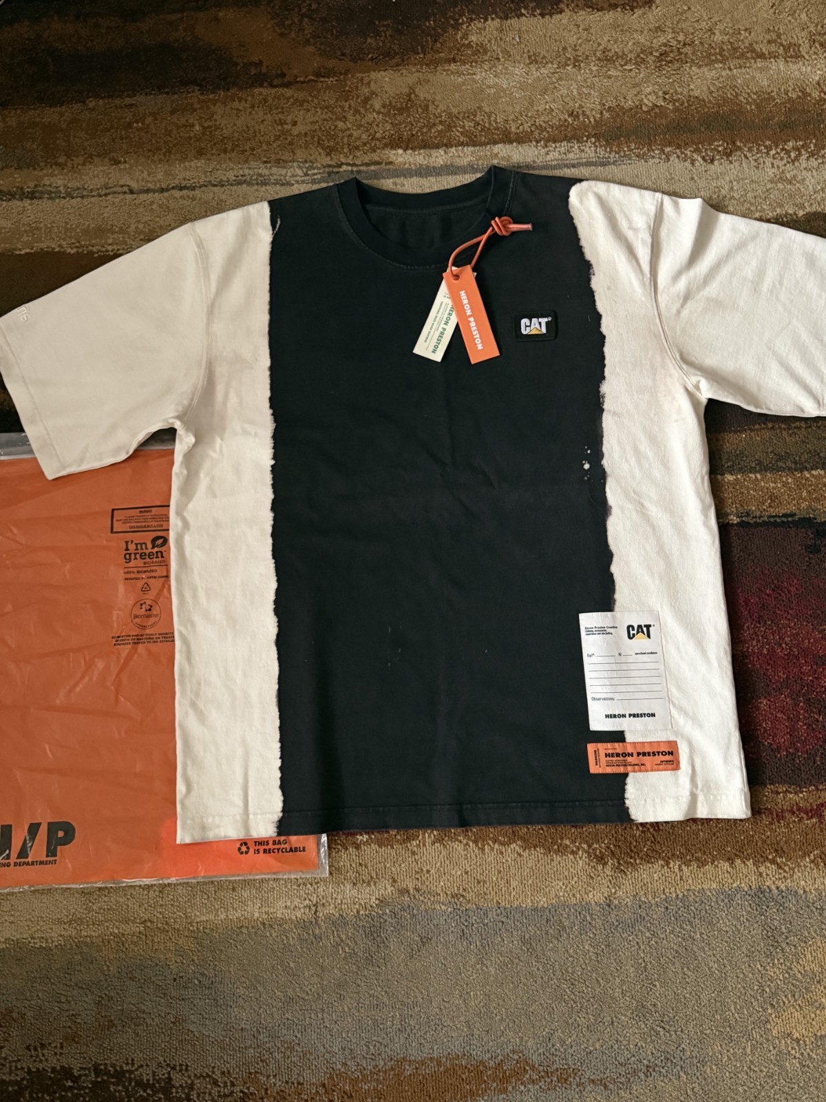 HERON PRESTON x CAT CATERPILLAR LOGO PATCH COTTON T-SHIRT GREY / BLACK LARGE NWT