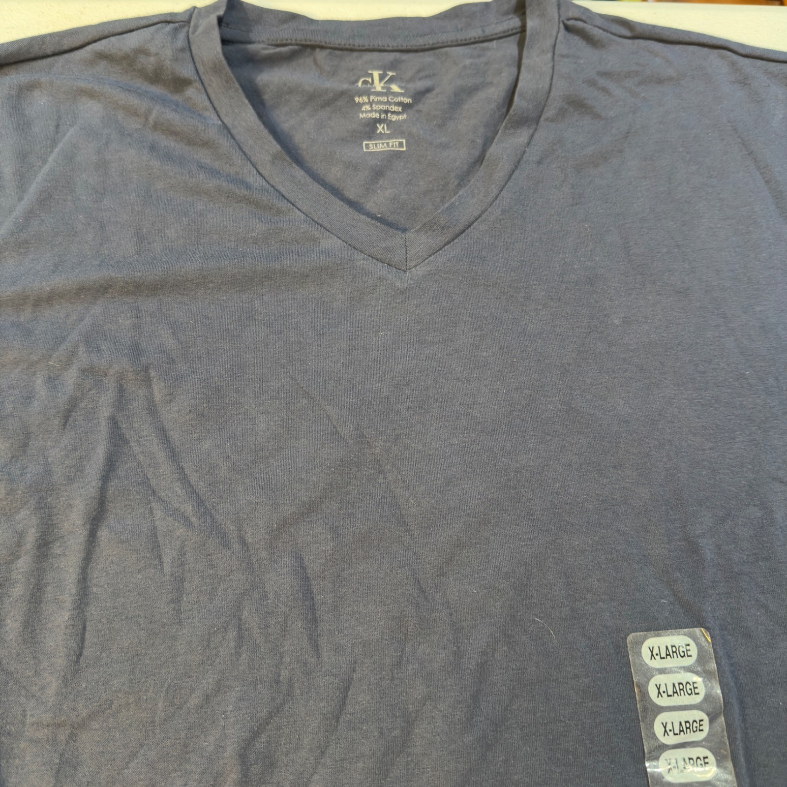 Calvin Klein V-Neck T-Shirt Navy Blue Pima Cotton Spandex Slim Fit XL gallery