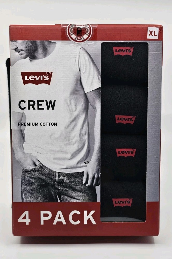 Levis Men’s Size XL 4 Pack Black Crew Neck Premium Cotton Logo T Shirt Set New