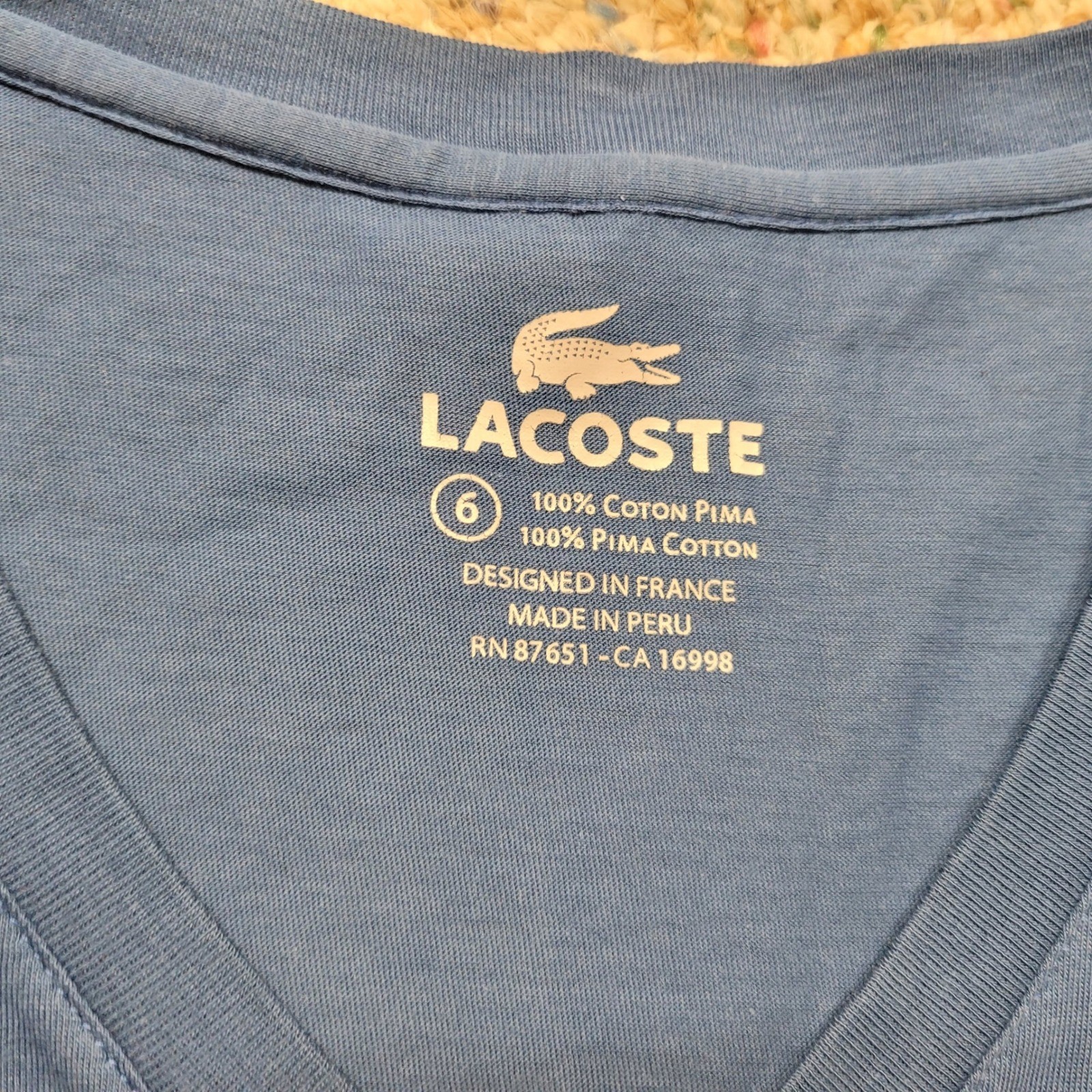 Lacoste T-Shirt Mens Size 6 Blue V-Neck Pima Cotton Short Sleeve Logo Tee gallery