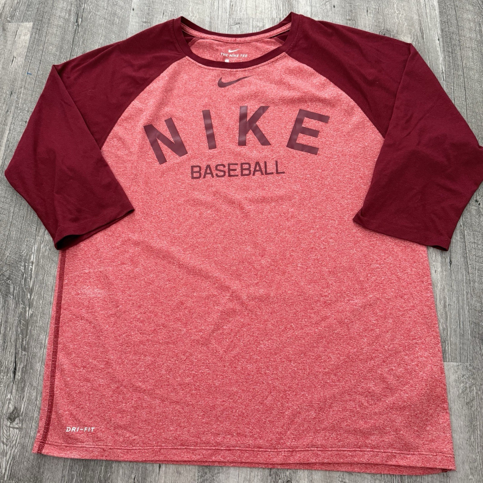 The Nike Tee Dri-Fit 3/4 Sleeve Mens Large Wine Baseball Swoosh T-Shirt gallery