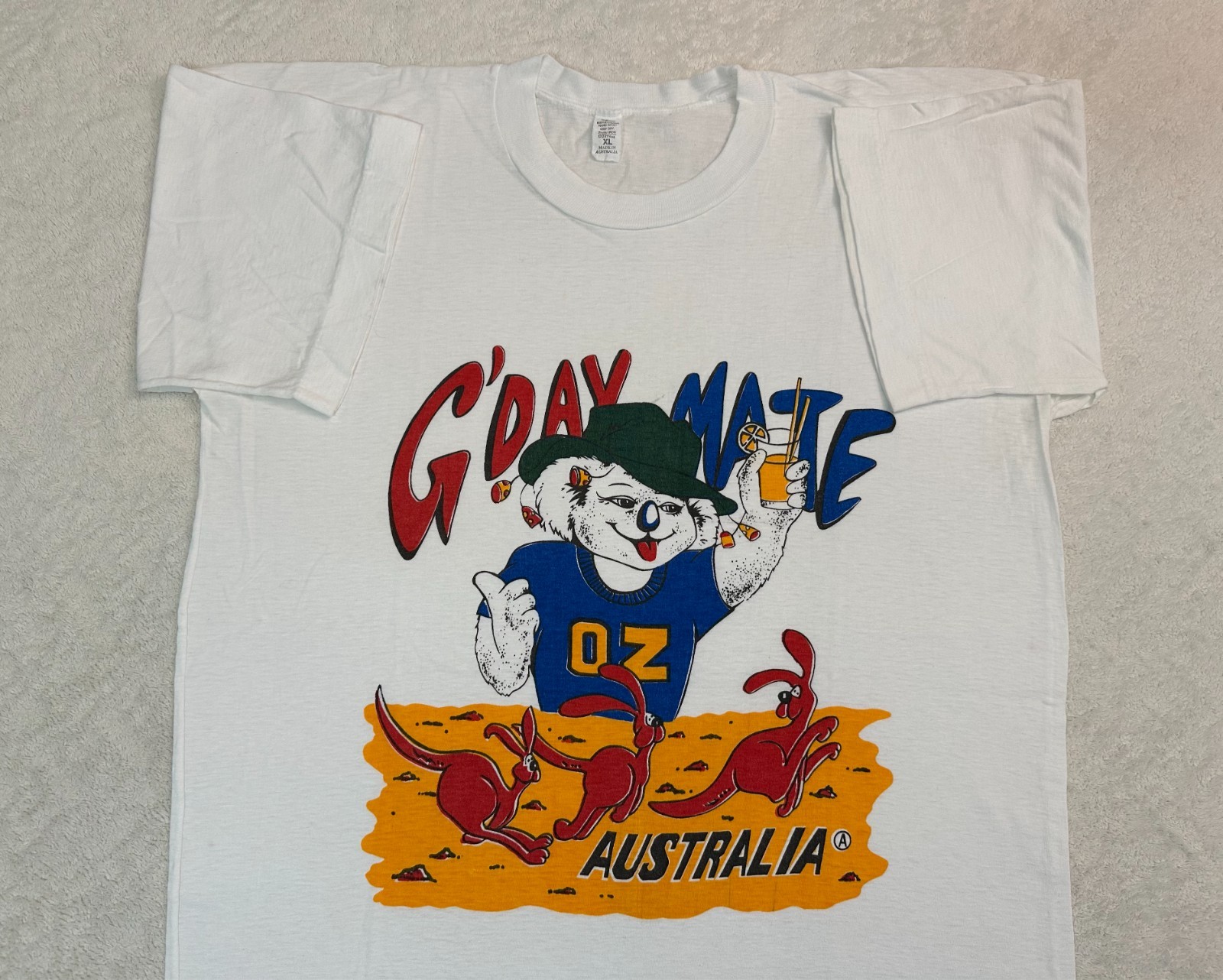 Vintage 1980s 90s G'Day Mate Koala Kangaroo Cartoon Made In Australia T-Shirt, L gallery