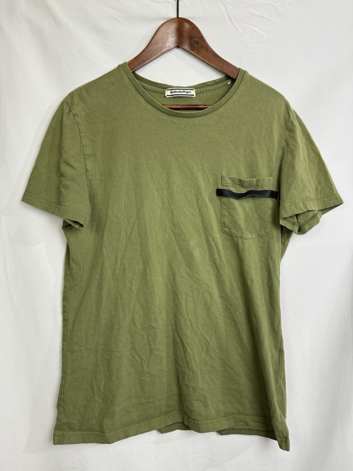 Onitsuka Tiger T Shirt Leather Strap Front Pocket Tee Green US S / M Japan XL