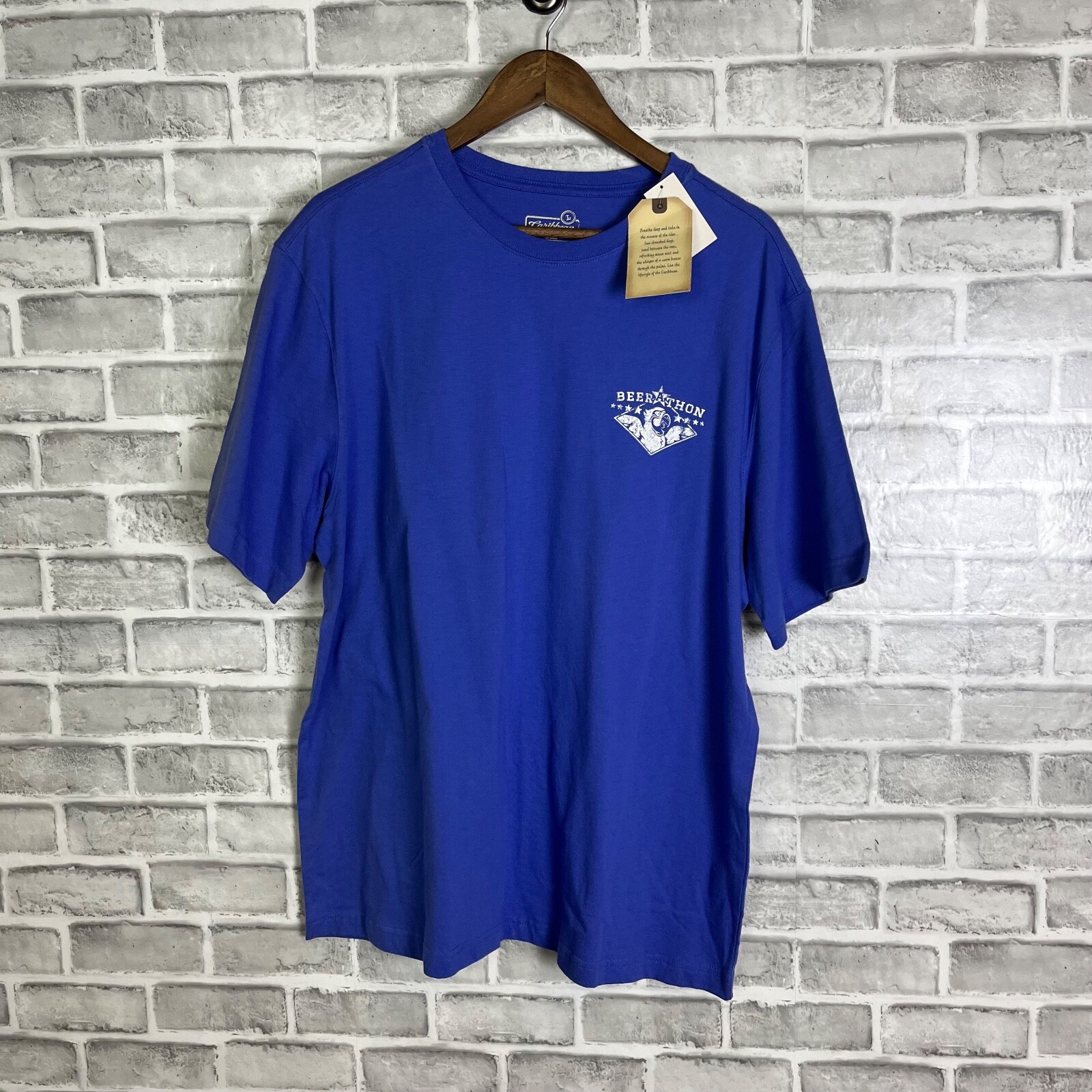 Caribbean Beer a Thon Finish Beer Here Parrot Crew T-Shirt Size Large Periwinkle gallery