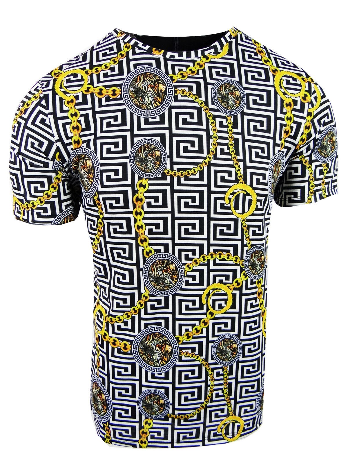 Designer T- Shirt Mens Italian Stripe Gold Chain Floral Animal Print Slim Fit gallery