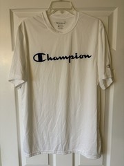 CHAMPION DOUBLE DRY SHORT SLEEVE T-SHIRT – SCREENED SCRIPT LOGO – WHITE – LARGE