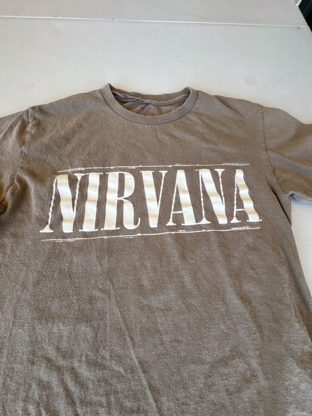 Nirvana Brown Two-Sided Graphic T-Shirt Stencil Logo Smiley Face. Reprint with a gallery