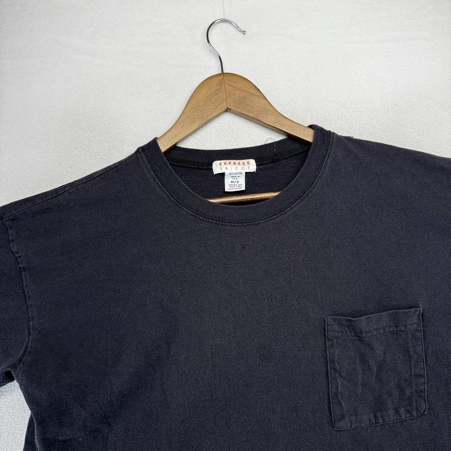 Vintage Express Tricot Shirt Men's medium Black Blank Boxy USA Made Pocket 90s gallery