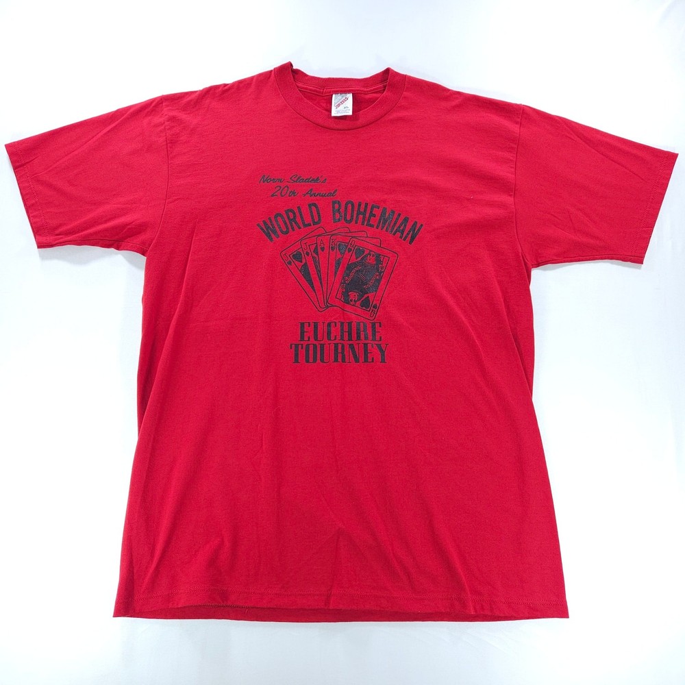 Vintage 1996 World Bohemian Euchre Tourney T-Shirt Red Jerzees USA Mens XL