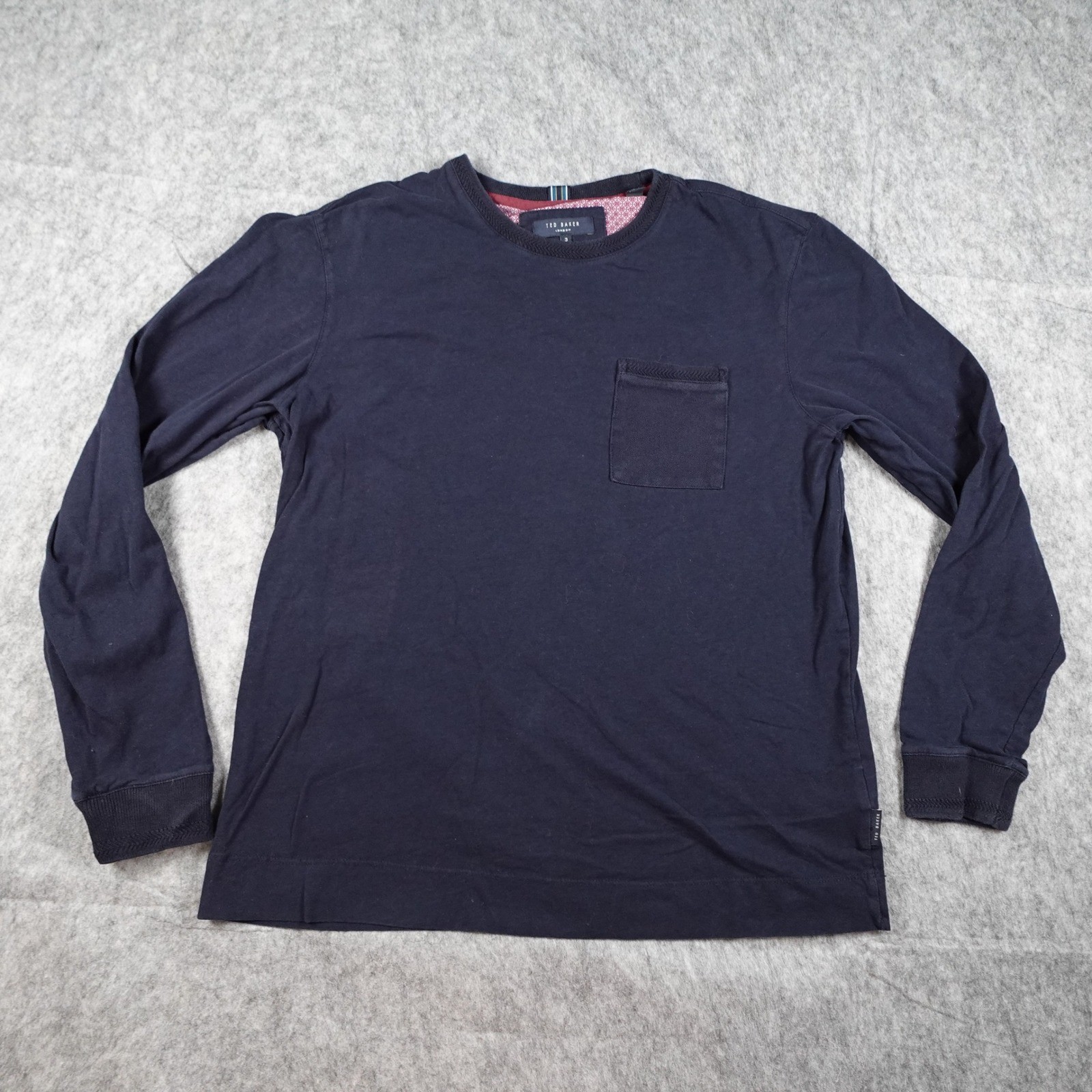 Ted Baker Top Mens 3 Medium Navy Long Sleeve Cotton Pocket Crew Neck Pullover