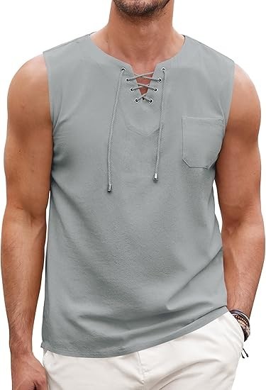 COOFANDY Men’s Cotton Linen Tank Top Shirts Casual Sleeveless Lace Up Beach L