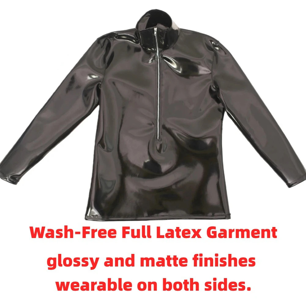 Sexy Men High Neck Long Sleeve T-shirt PU Double Side Top PVC Oil Glossy Shiny gallery
