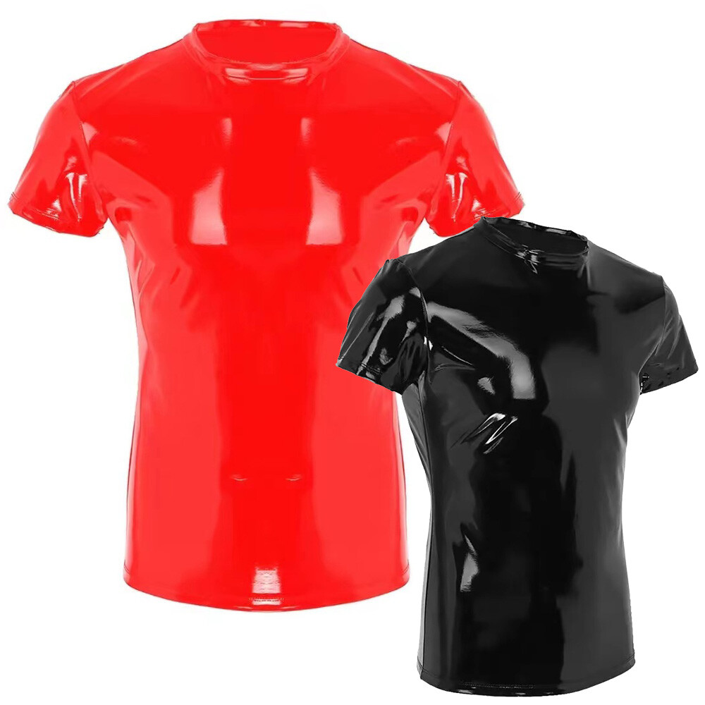 Mens PU Leather Tees Tops Slim PVC Shiny Wet Look Short Sleeve T-shirt Clubwear gallery