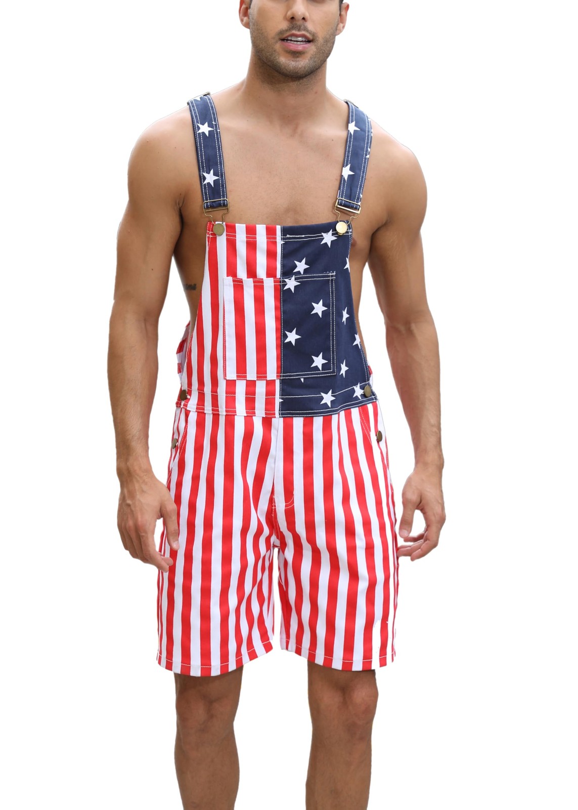 American Flag Overalls Mens 4th of July Jean Jumpsuits Denim Bib Shorts Vinta…