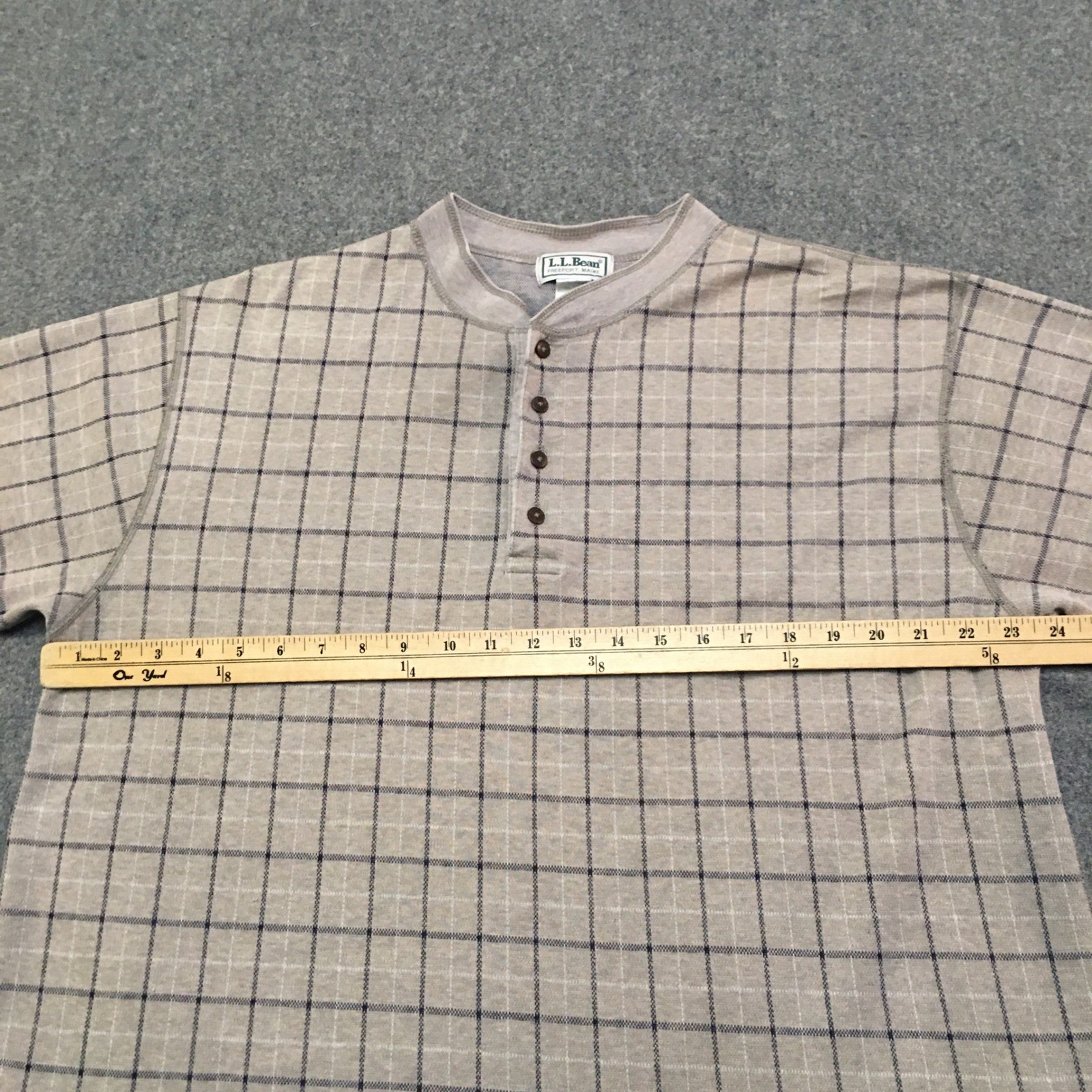 L.L. Bean Henley Shirt Mens XL Tan Windowpane Check Long Sleeve Cotton USA gallery