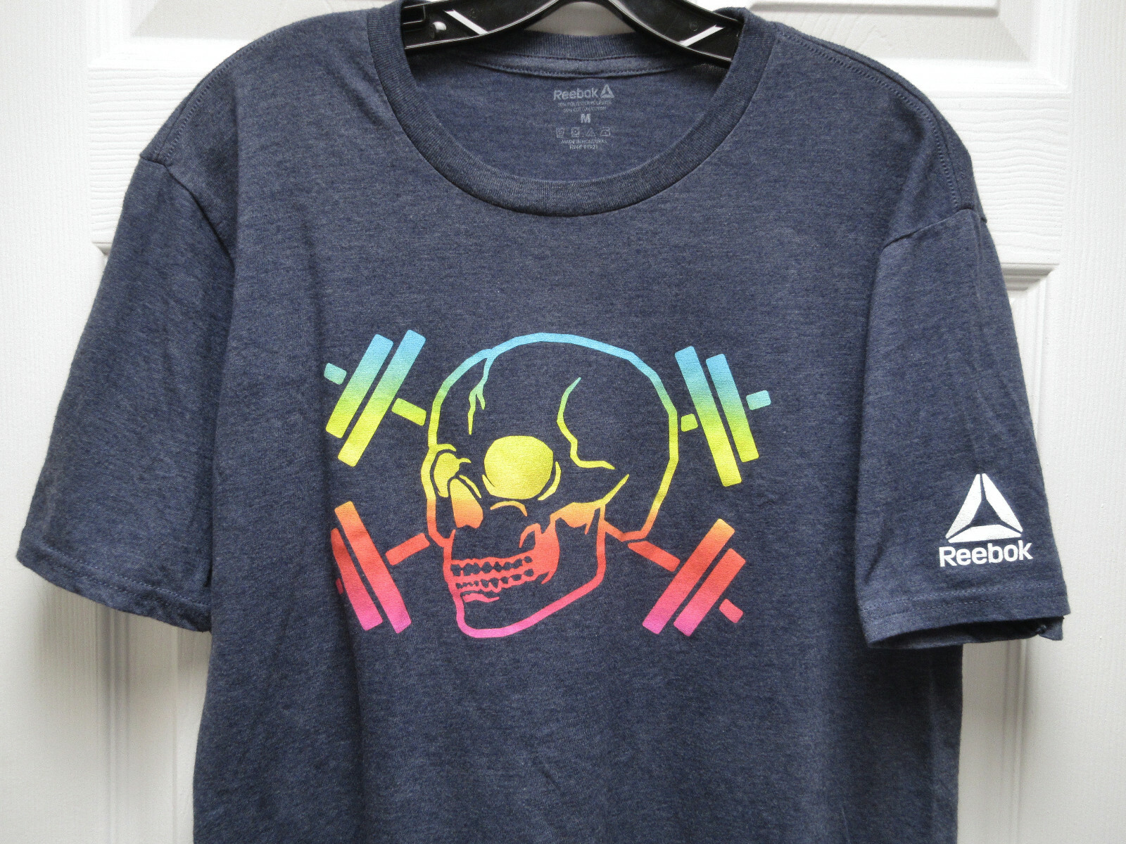 Reebok Rainbow Skull Barbells Dumbbells T Shirt Mens M Poly Cotton gallery