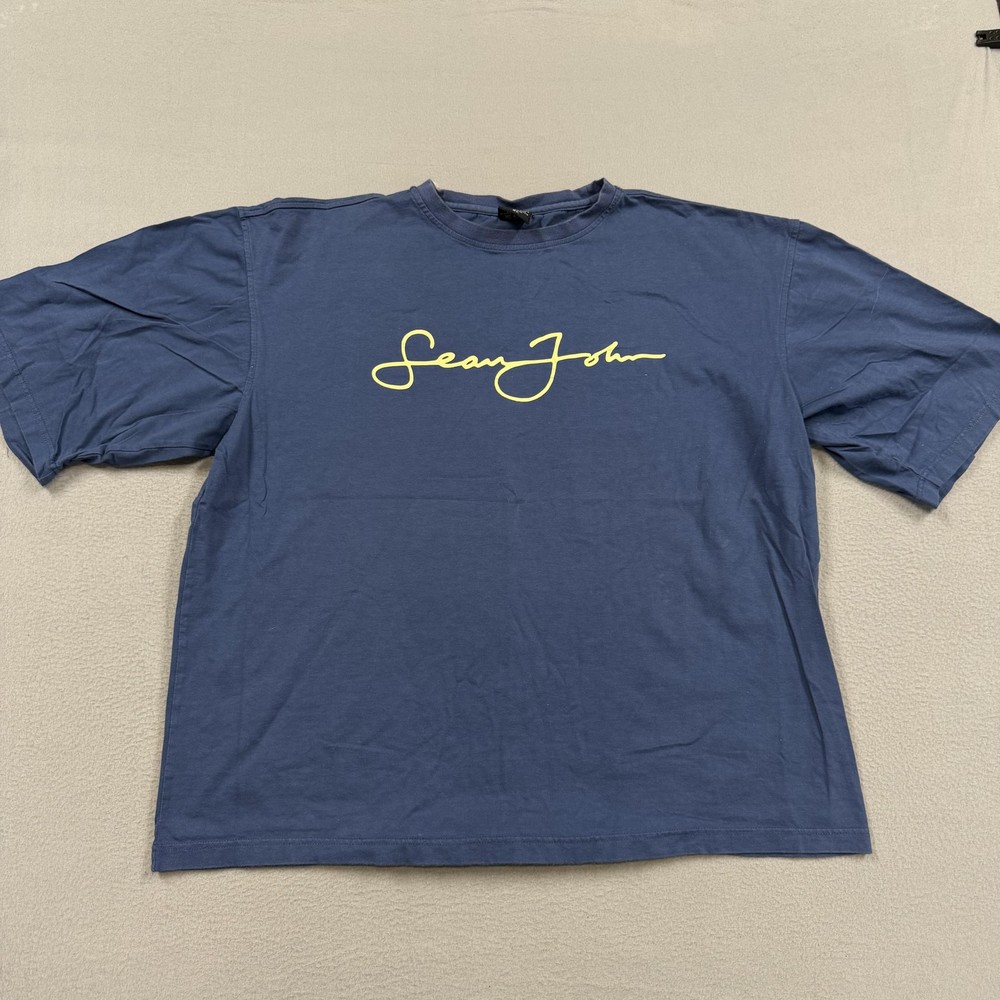 Sean John Shirt Mens XL Blue Script Logo Graphic Tee Streetwear Crewneck