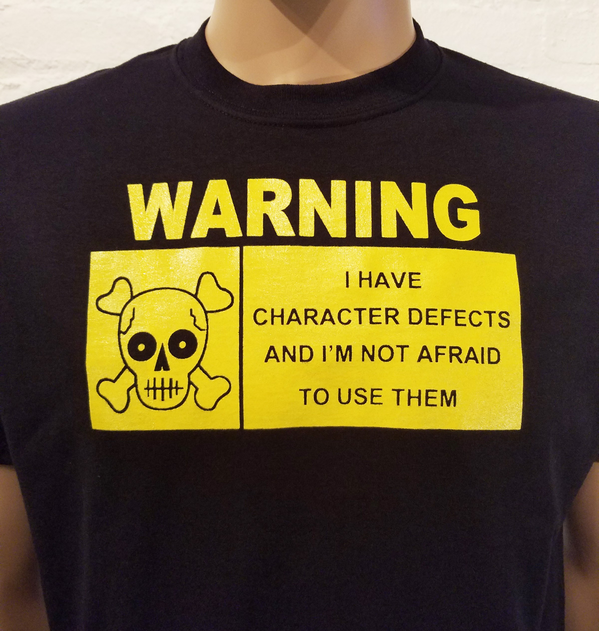 Alcoholics Anonymous - AA - WARNING I Have Defect - BLACK T-Shirt w/ YELLOW Ink gallery