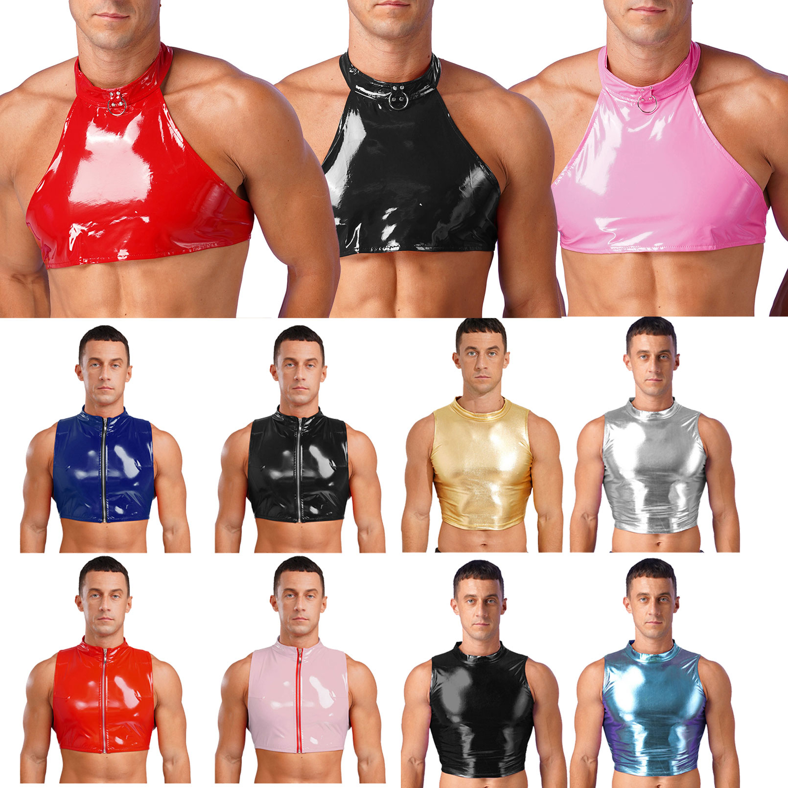 Mens Glossy Cropped Vest Wet Look Patent Leather Crop Top Shirt Clubwear Tee gallery