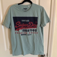 Vintage SUPERDRY Premium Goods Graphic T-Shirt Light Blue Men’s Large