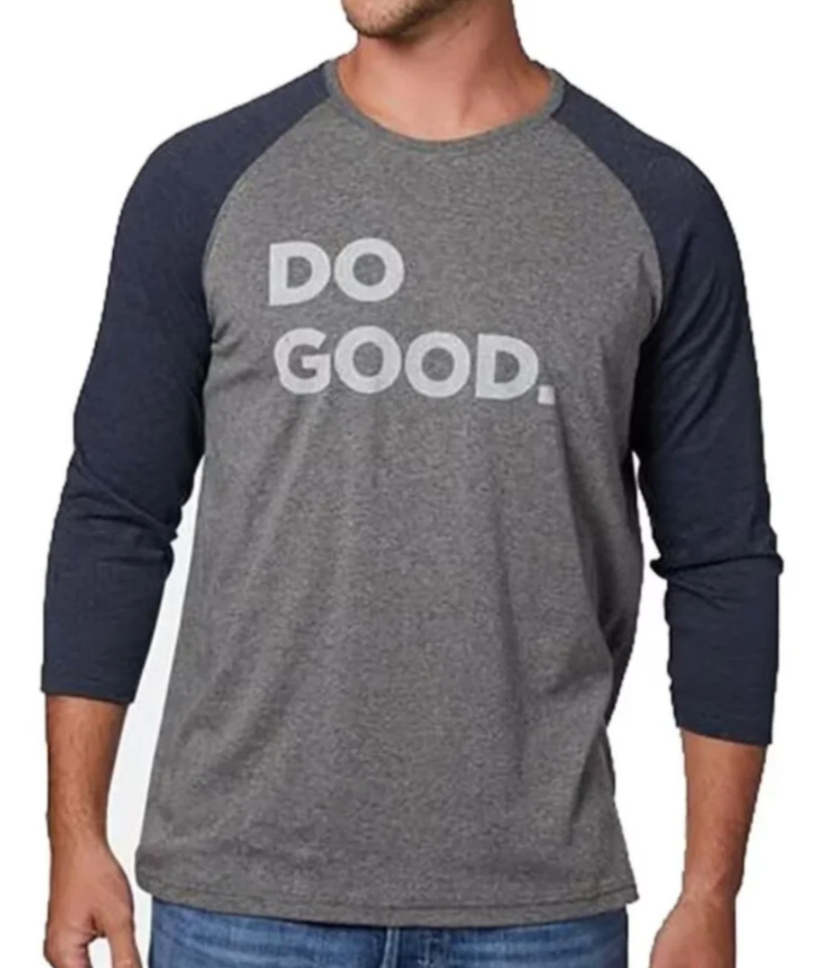 Cotopaxi Men’s Do Good Organic Cotton Baseball Shirt Large Heather Grey Blue EUC