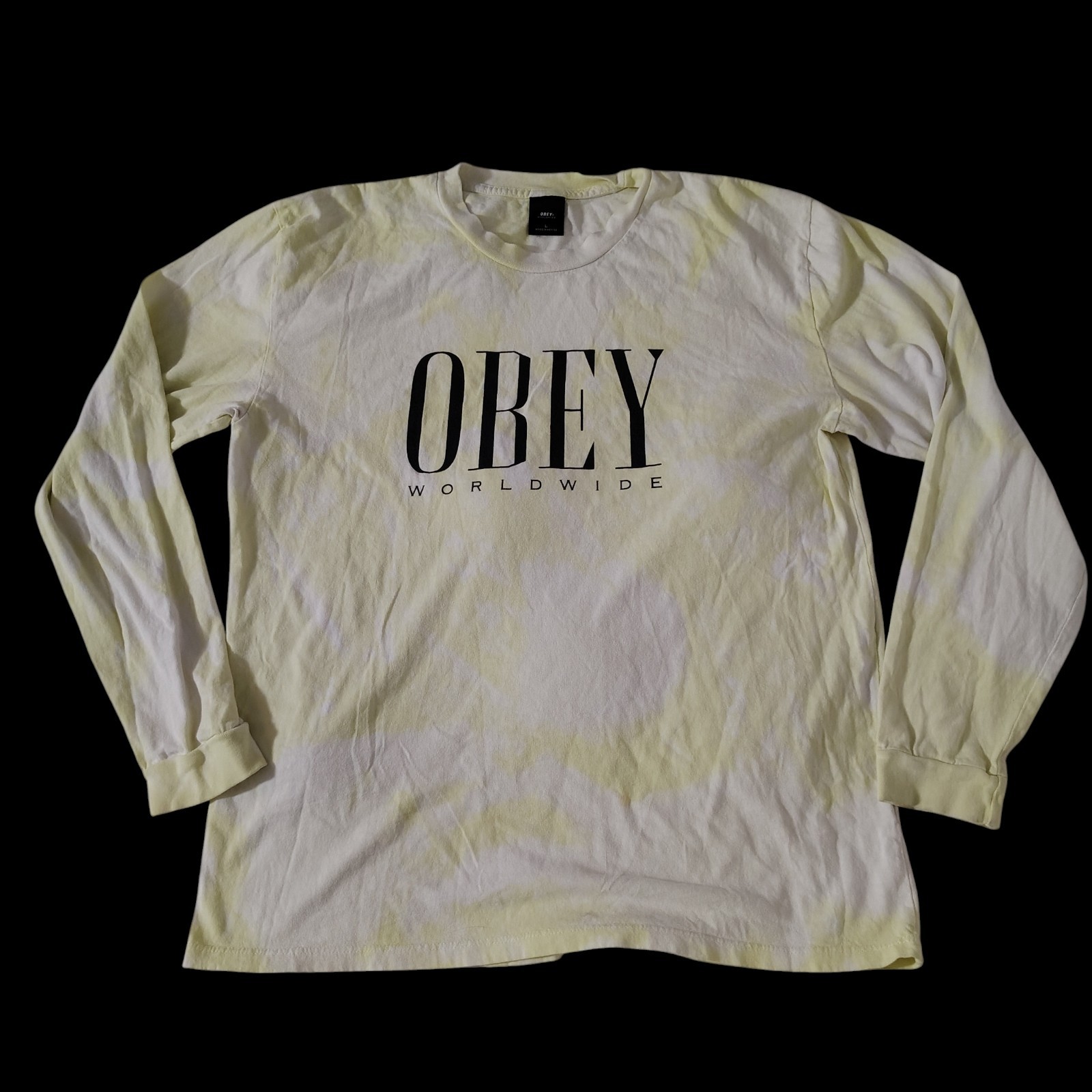 Obey Worldwide T Shirt Mens Large Pale Yellow Bleach Wash Stretch Long Sleeve gallery